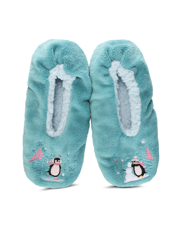MeMoi Sherpa Lined Slippers - Skating Penguin