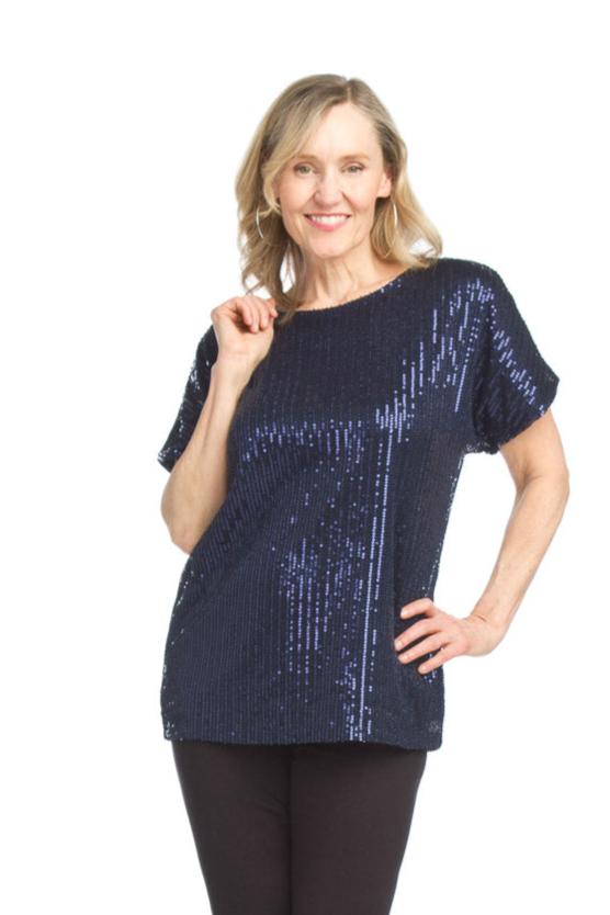 Papillon Sequin Stretch Top in Navy